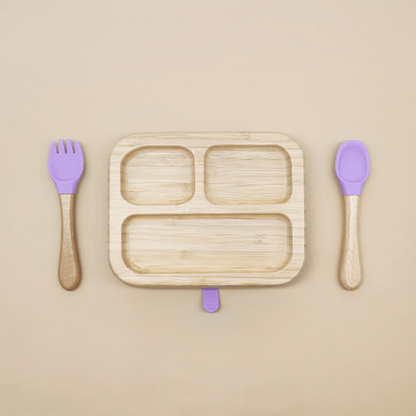 Oblong Bamboo Suction Plate With Fork And Spoon - EUROPEAN HOUSE HOLD