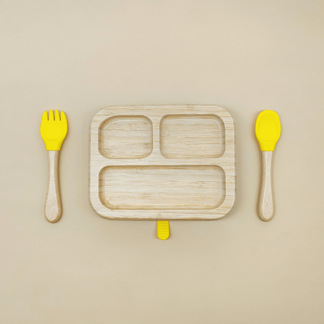 Oblong Bamboo Suction Plate With Fork And Spoon - EUROPEAN HOUSE HOLD