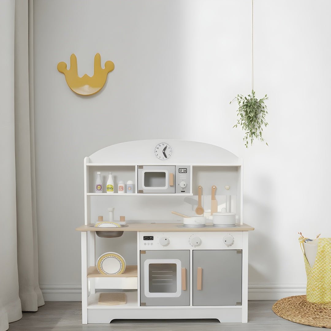Premium Japanese style big wooden kitchen toy set for kids, large realistic play kitchen in white and grey, perfect for pretend play in Lebanon