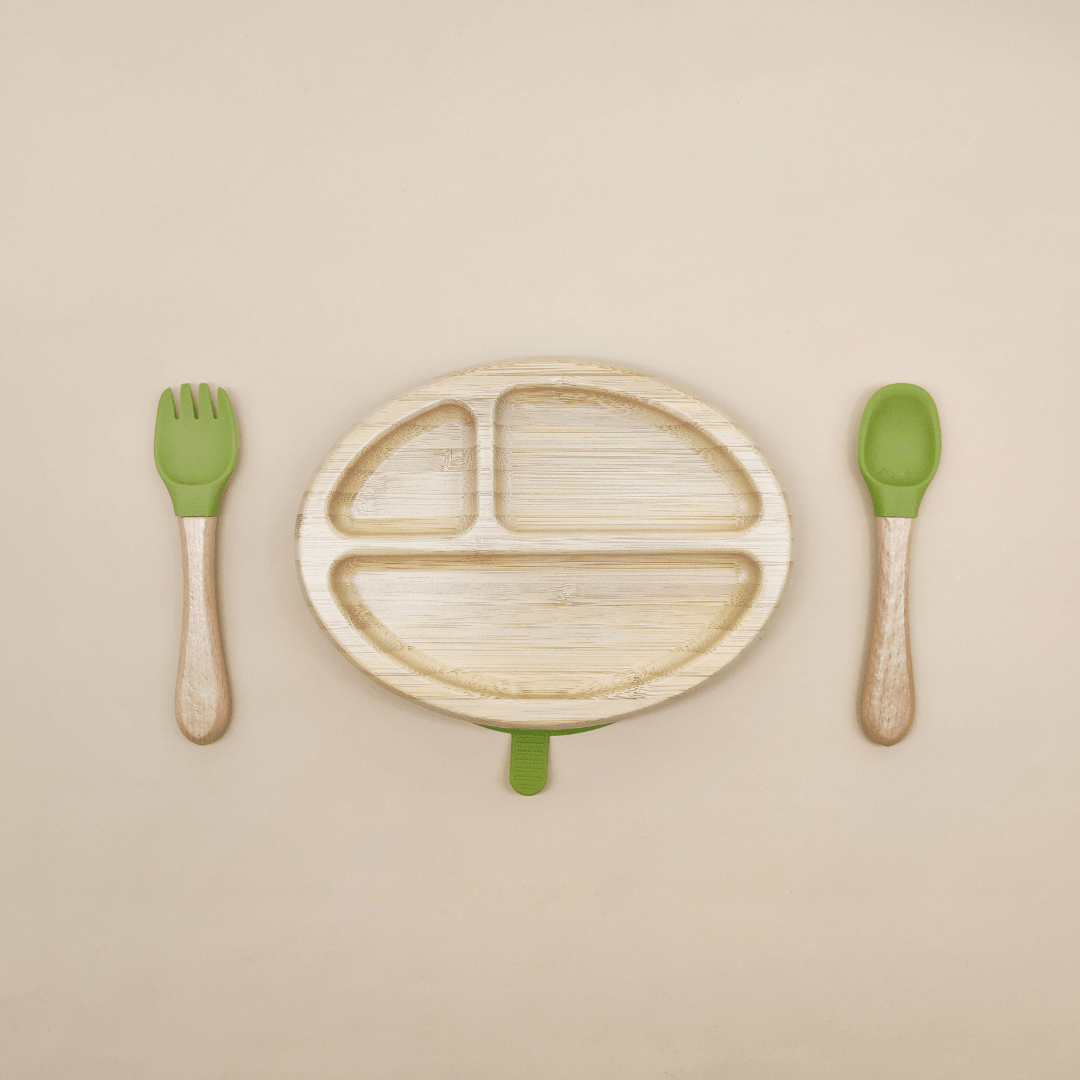 Oval Bamboo Suction Plate With Fork And Spoon - EUROPEAN HOUSE HOLD