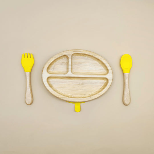 Oval Bamboo Suction Plate With Fork And Spoon - EUROPEAN HOUSE HOLD