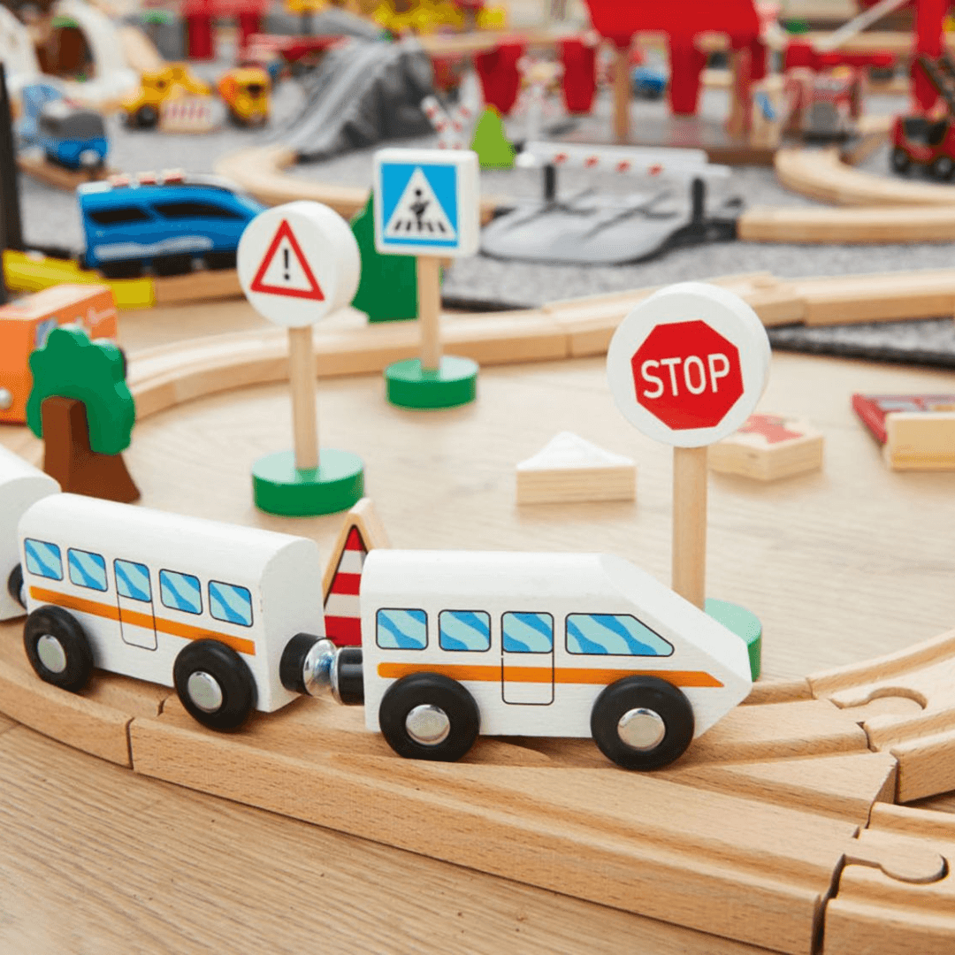 PLAYTIVE CITY WOODEN TRAIN SET 67 PIECES â EUROPEAN HOUSE HOLD