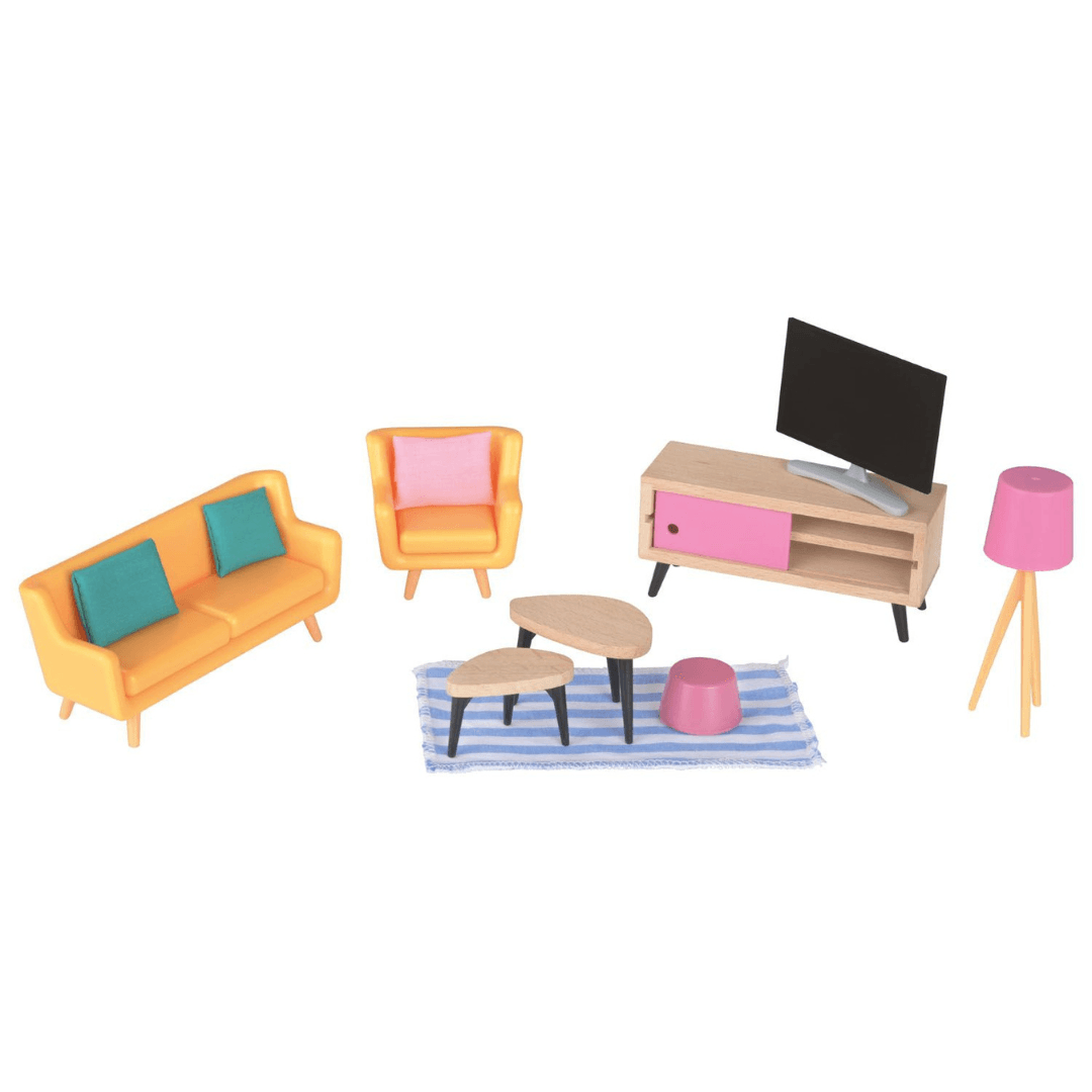 PLAYTIVE DOLL'S HOUSE FURNITURE LIVING ROOM 15 PIECES - EUROPEAN HOUSE HOLD