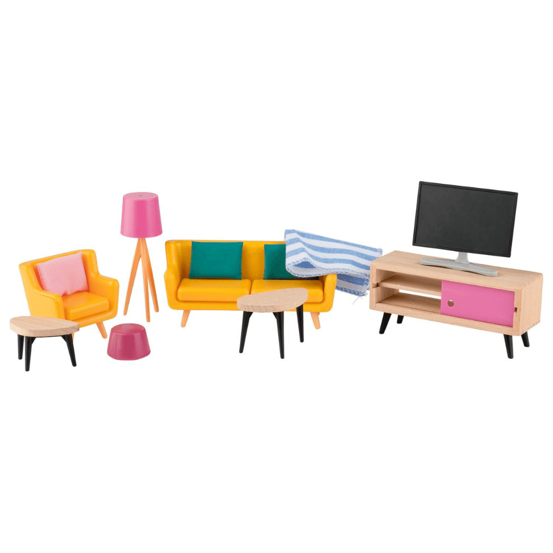 PLAYTIVE DOLL'S HOUSE FURNITURE LIVING ROOM 15 PIECES - EUROPEAN HOUSE HOLD