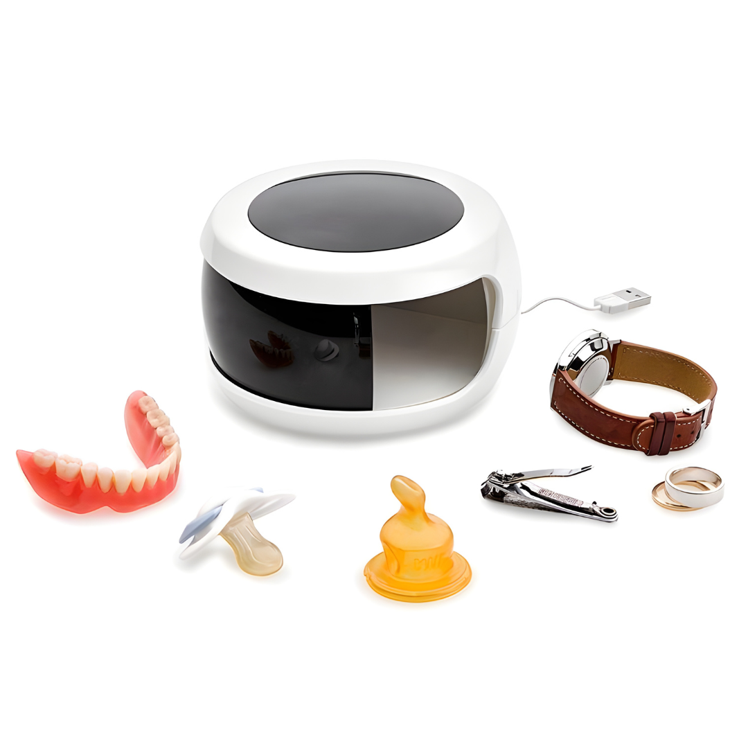 Portable white UV-C sterilizer box for sanitizing jewelry, watches, and glasses, shown with blue UV light technology for germ killing.