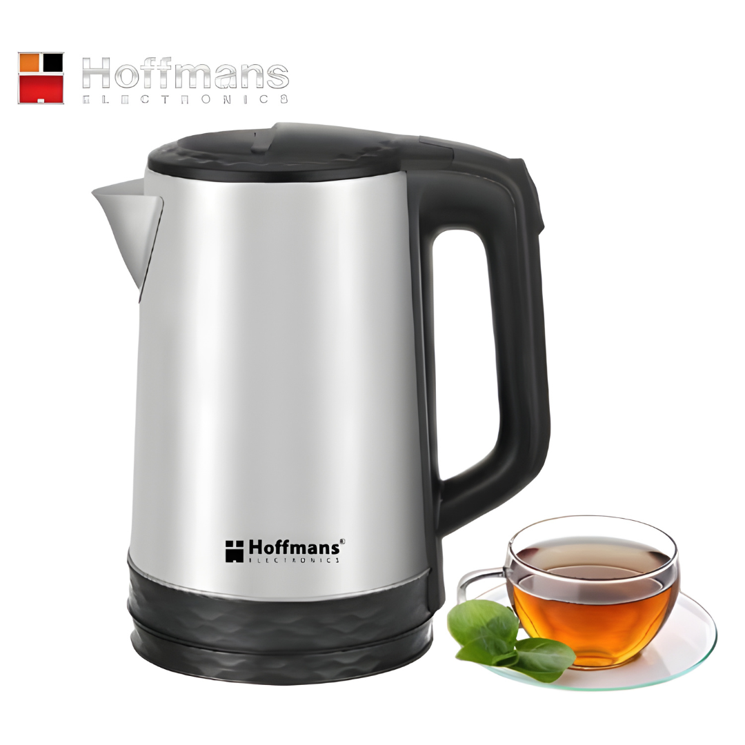 Hoffmans HM-1919 Electric Kettle in stainless steel and black finish, 2.3L capacity with 360-degree cordless power base.