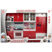 4-piece red and white toy kitchen playset with stove, fridge, and sink for Barbie dolls, featuring interactive light and sound buttons.