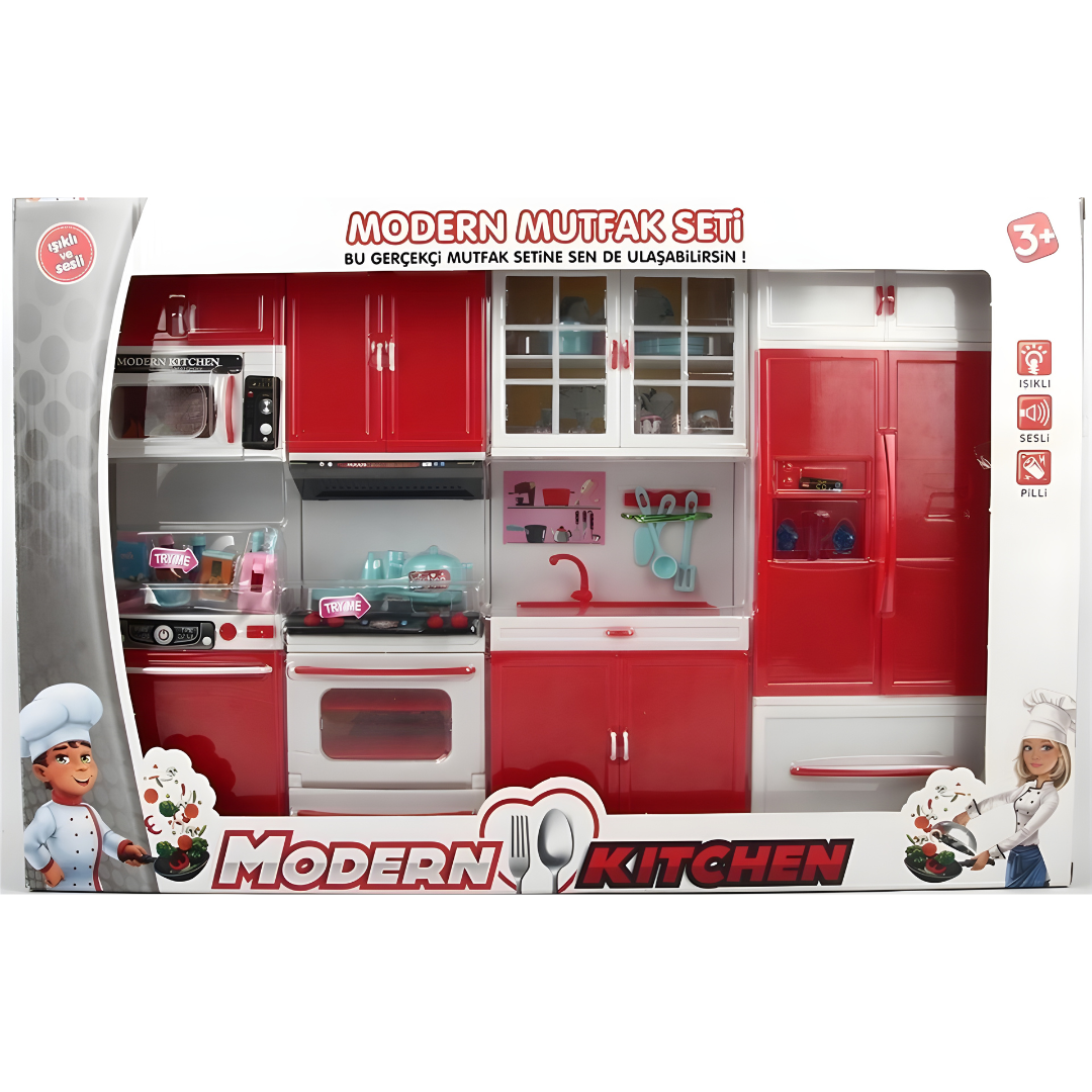 4-piece red and white toy kitchen playset with stove, fridge, and sink for Barbie dolls, featuring interactive light and sound buttons.