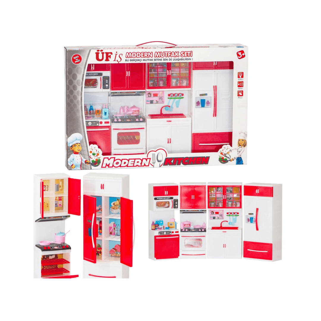 4-piece red and white toy kitchen playset with stove, fridge, and sink for Barbie dolls, featuring interactive light and sound buttons.
