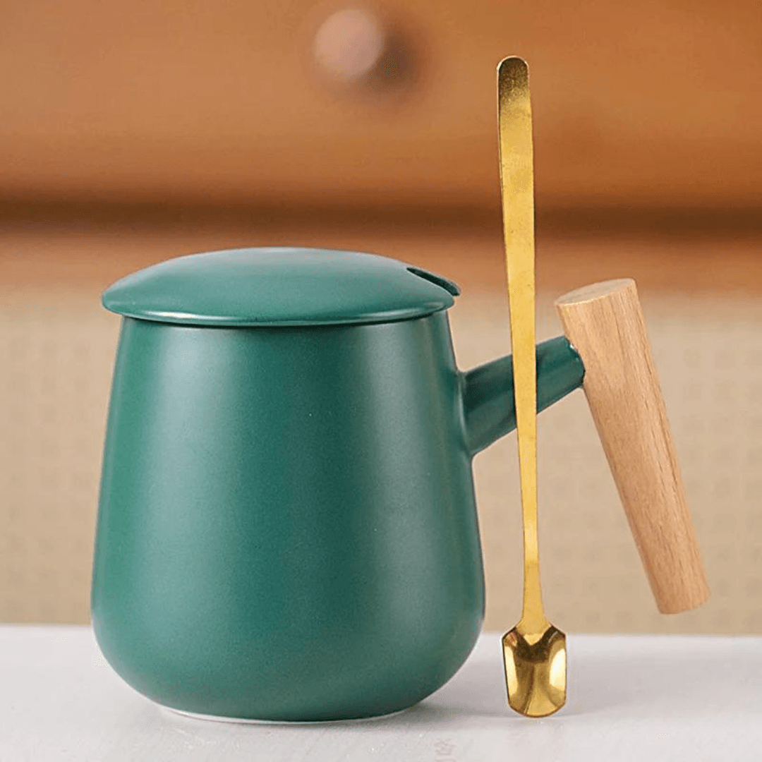 Wood Ceramic Mug with Simple Wooden Handle - 390ml Milk and Coffee Cup - EUROPEAN HOUSE HOLD