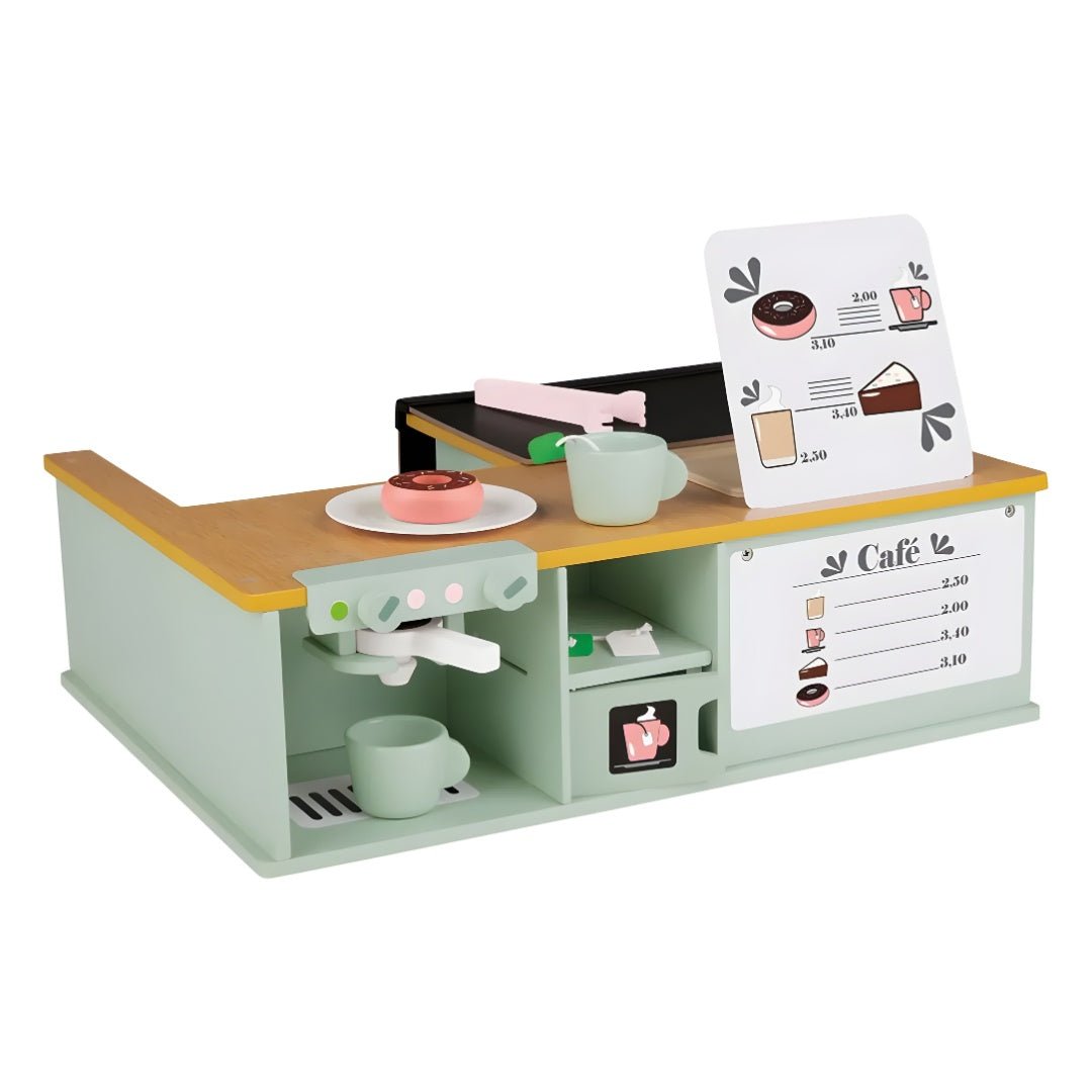 Front view of a pastel wooden toy coffee shop set with desserts and menu board