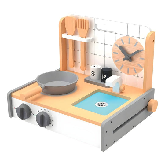 wooden toy kitchen set showing pan, faucet, and salt and pepper shakers