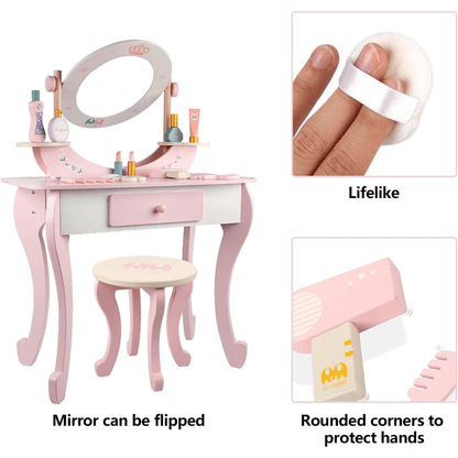 Wooden Vanity Set with Chair for Kids' Pretend Play - EUROPEAN HOUSE HOLD