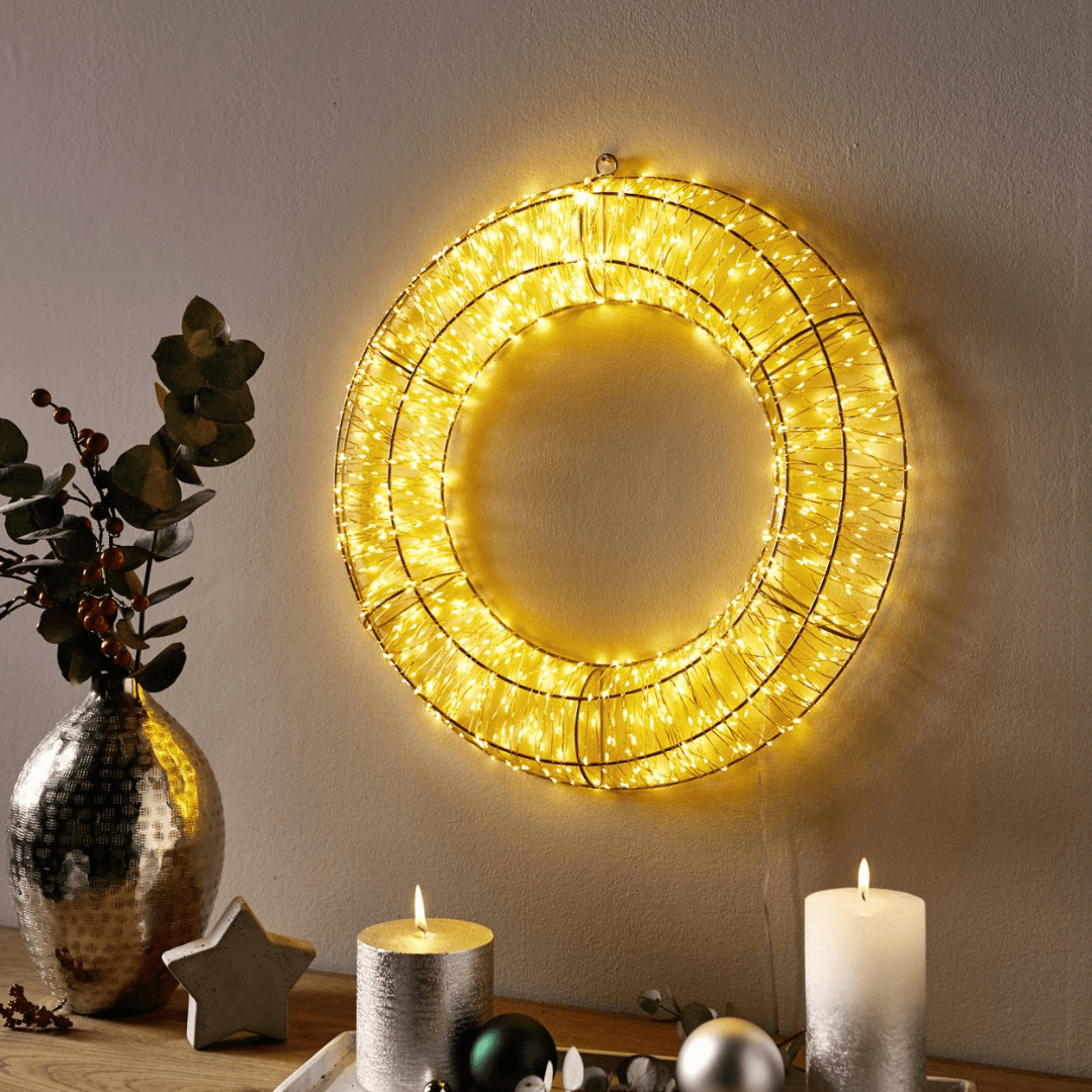 XXL LED Light Wreath in Gold 1000 Micro LEDs 50 cm Diameter with Timer Function Suitable for Indoor and Outdoor Use - EUROPEAN HOUSE HOLD